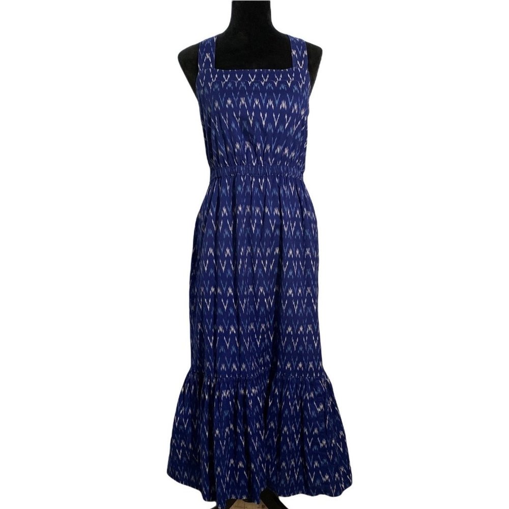 J Crew 4 Dress Navy Blue Beige Chevron Stripes Lined‎ Pockets Adjustable Straps